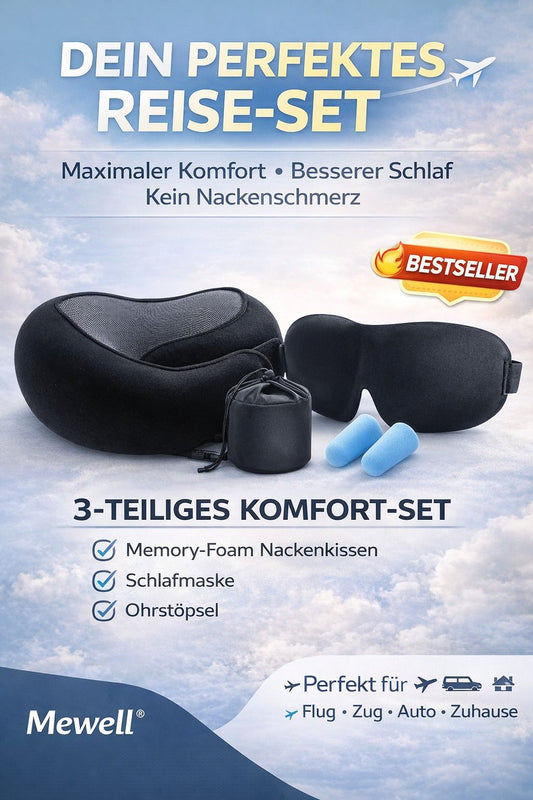 Premium Reise-Schlafset – Memory-Foam Nackenkissen + Schlafmaske + Ohrstöpse